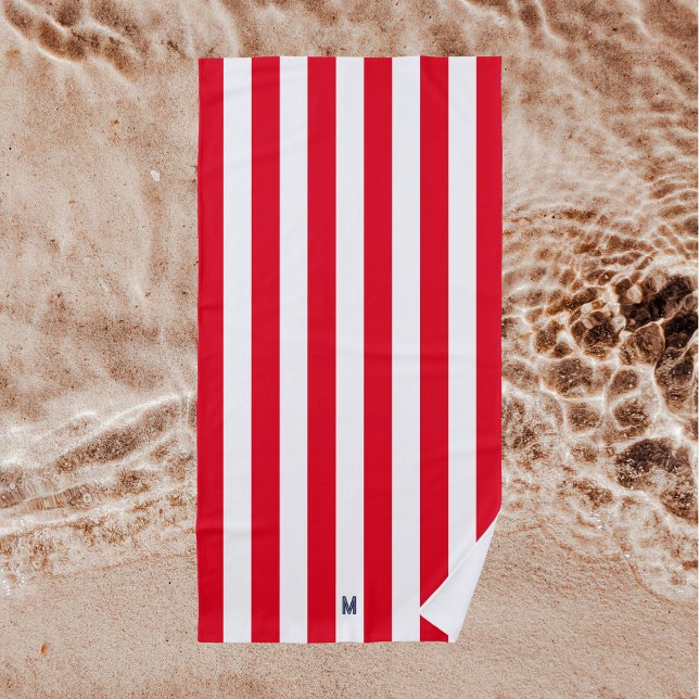 Red Cabana Stripe & Personalized Navy Monogram Beach Towel (Creator Uploaded)