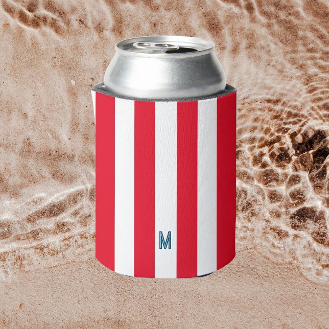 Red Cabana Stripe & Personalized Navy Monogram Can Cooler (Creator Uploaded)