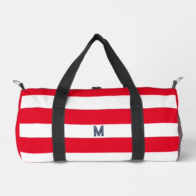 Red Cabana Stripe & Personalized Navy Monogram Duffle Bag (Front)