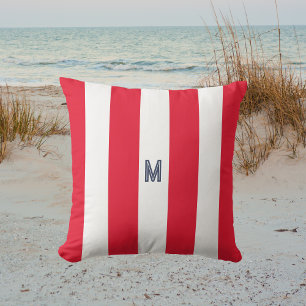 Red Cabana Stripe & Personalized Navy Monogram Outdoor Pillow