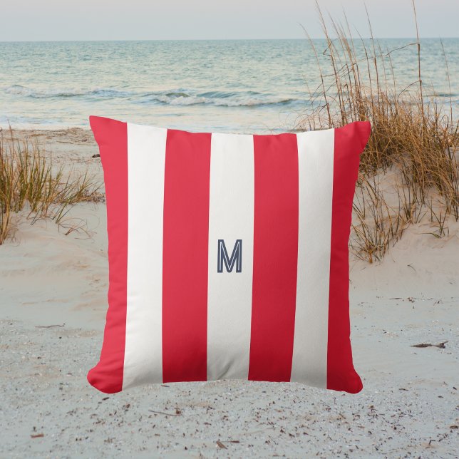 Red Cabana Stripe & Personalized Navy Monogram Outdoor Pillow (Creator Uploaded)