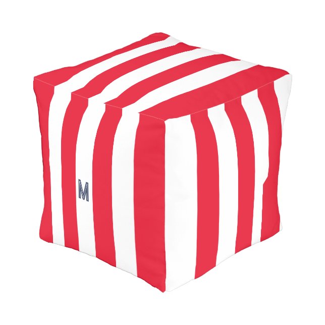 Red Cabana Stripe & Personalized Navy Monogram Outdoor Pouf (Angled Back)