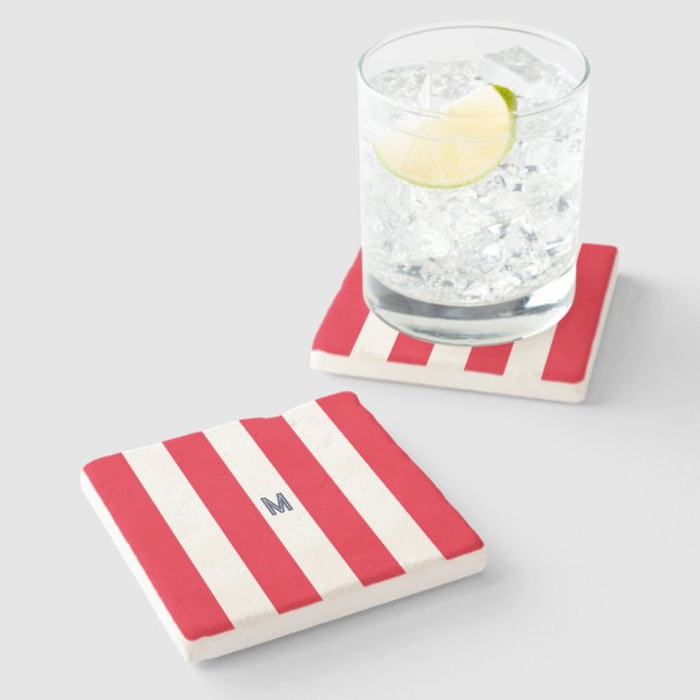 Red Cabana Stripe & Personalized Navy Monogram Stone Coaster (Side)