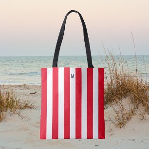 Red Cabana Stripe & Personalized Navy Monogram Tote Bag