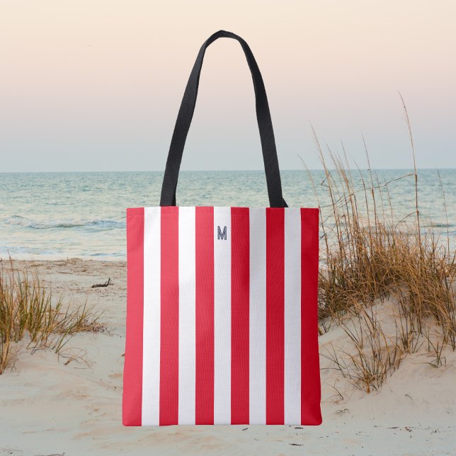Red Cabana Stripe & Personalized Navy Monogram Tote Bag (Creator Uploaded)
