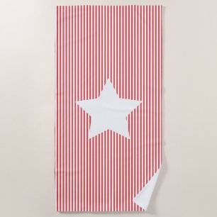 Red Cabana Stripes & White Star - Nautical  Beach Towel
