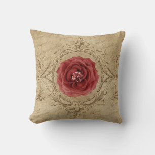 Red Cabbage Rose Within an Antique Style Frame Throw Pillow