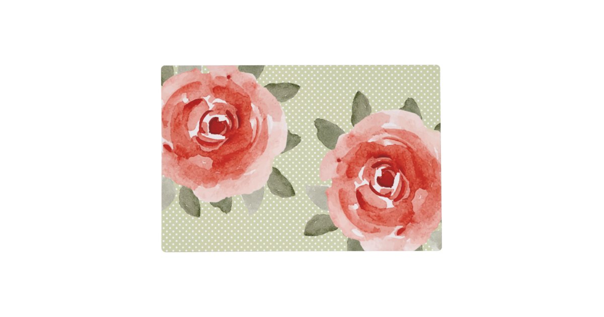 Red Cabbage Roses on White & Lime Dots Placemats Zazzle