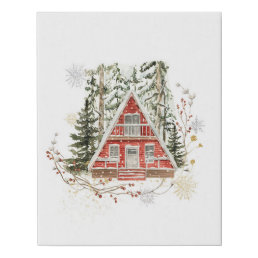 Red Cabin in snow Faux Canvas Print