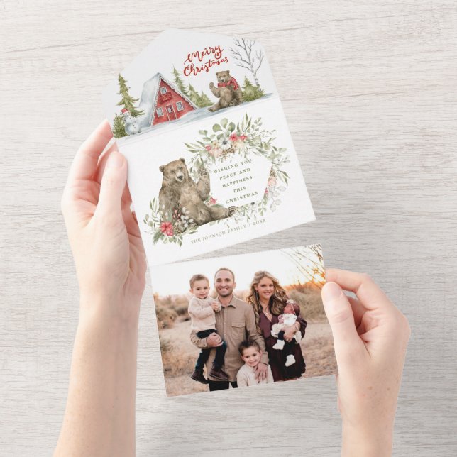 Red Cabin in the Woods w/ Bear  | Photo Christmas  All In One Invitation (Tearaway)