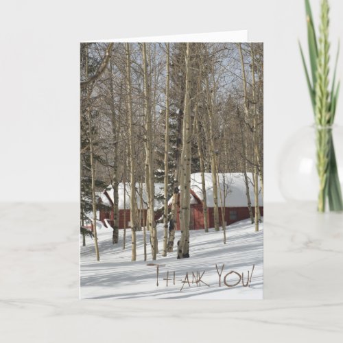 Red cabins in snow Thank you card