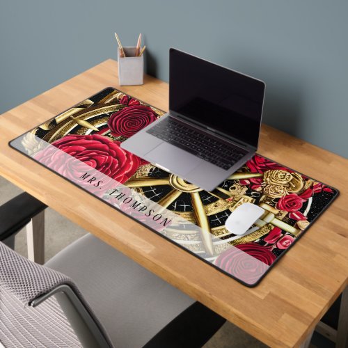 Red Cactus Gold Ship wheel Personalized Desk Mat