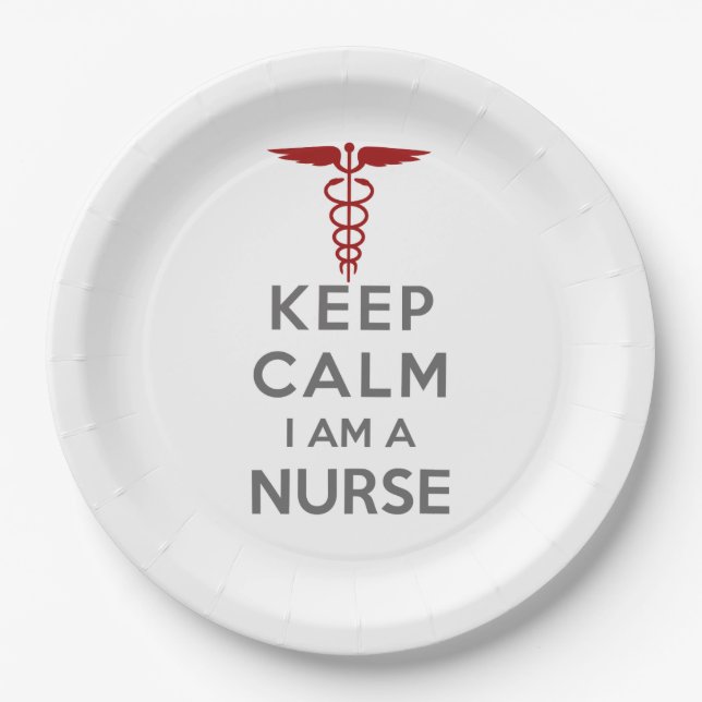 Red Caduceus Keep Calm I am a Nurse Paper Plates (Front)