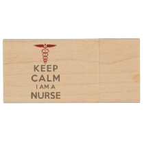 Red Caduceus Keep Calm I am a Nurse Wood Flash Drive