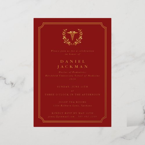 Red CaduceusLaurel Medical School Graduation Foil Invitation