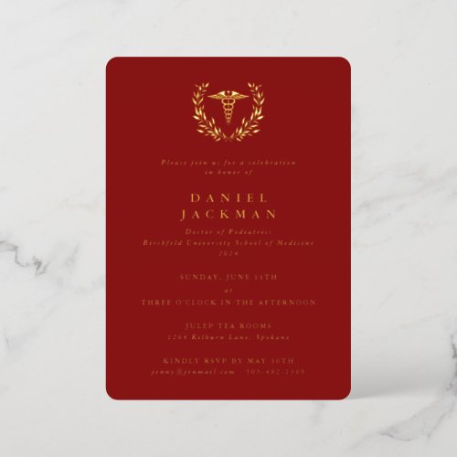 Red Caduceus  Laurel Medical School Graduation Foil Invitation