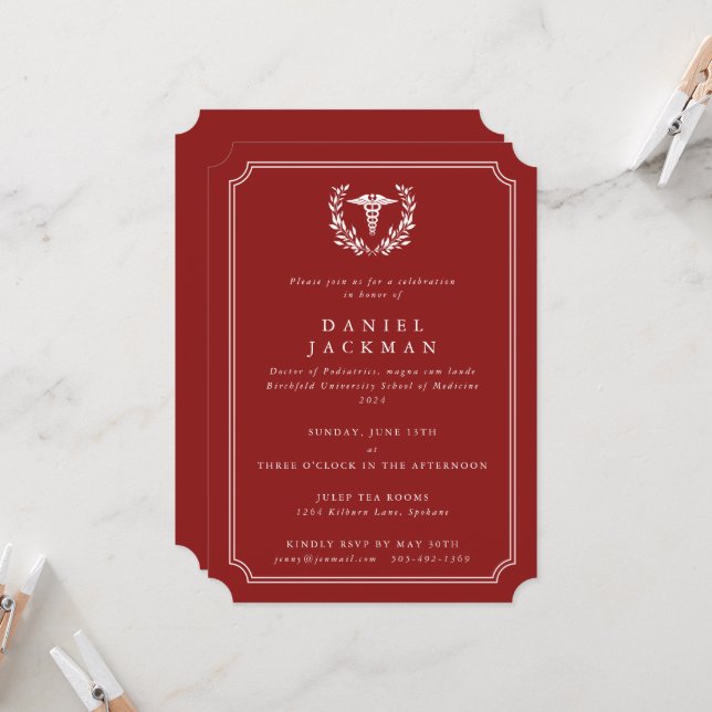 Red Caduceus+Laurel Medical School Graduation Invitation (Front/Back In Situ)