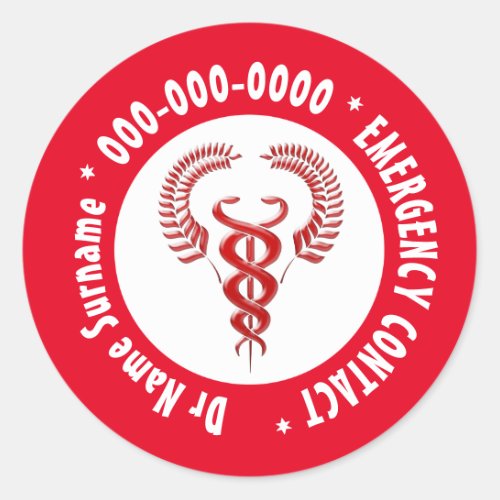 Red caduceus on white with emergency contact classic round sticker