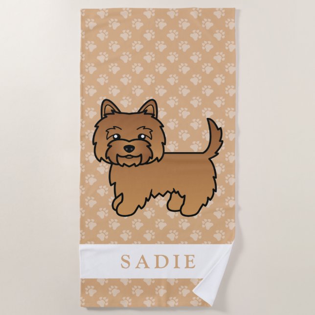 Red Cairn Terrier Dog Illustration & Custom Name Beach Towel (Front)