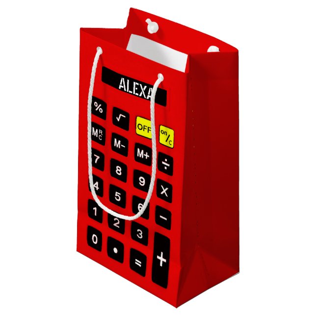 Red Calculator With Name For Birthday  Small Gift Bag (Front Angled)