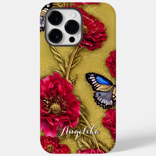 Red California Poppies Butterflies Gold Background Case_Mate iPhone 14 Pro Max Case