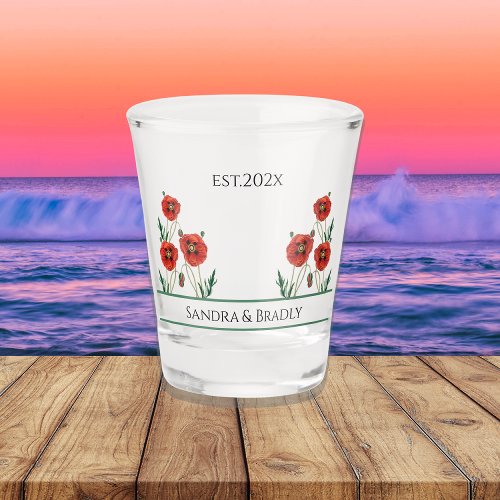 Red California Wedding Bride Groom Establish date Shot Glass