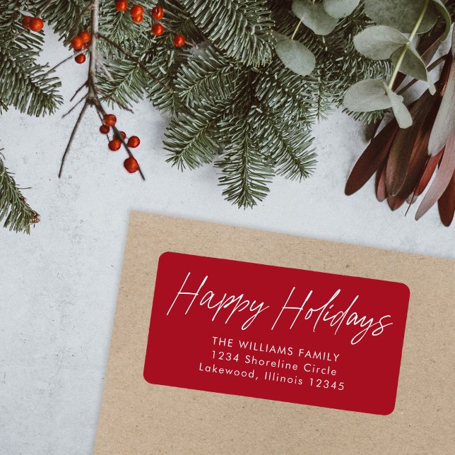 Red Calligraphy Happy Holidays Return Address Label (Creator Uploaded)