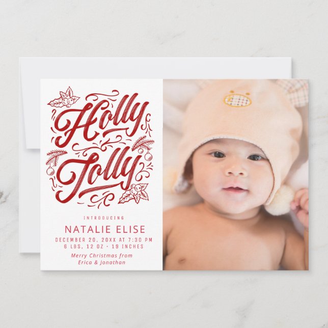 Red calligraphy holly jolly birth announcement (Front)