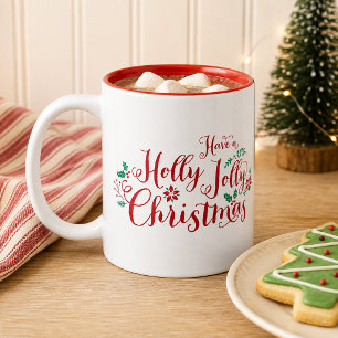Red Calligraphy Holly Jolly Christmas Two-Tone Coffee Mug