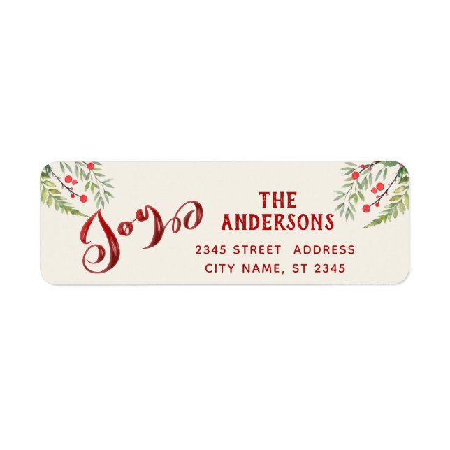 Red calligraphy joy greenery holly label (Front)