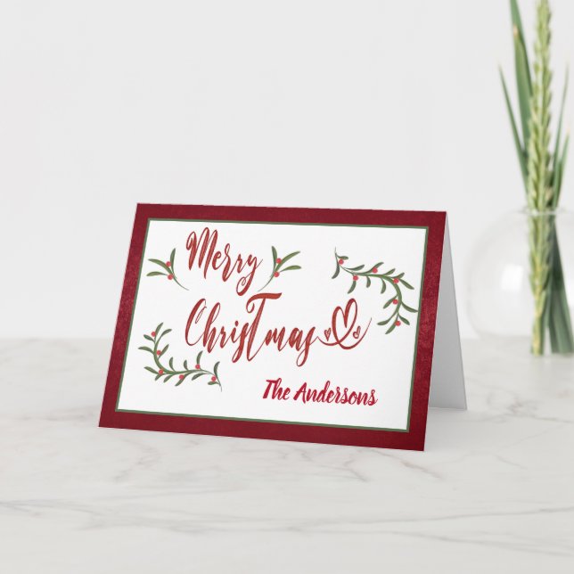 Red calligraphy Merry Christmas holly Holiday Card (Front)