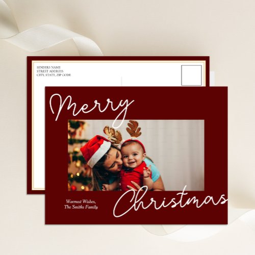 Red Calligraphy Merry Christmas Modern Photo Holiday Postcard