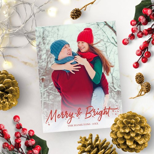 Red Calligraphy Photo Merry And Bright Christmas Postcard