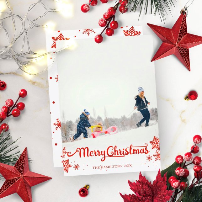 Red Calligraphy Photo Snowflake Christmas Invitation (Creator Uploaded)