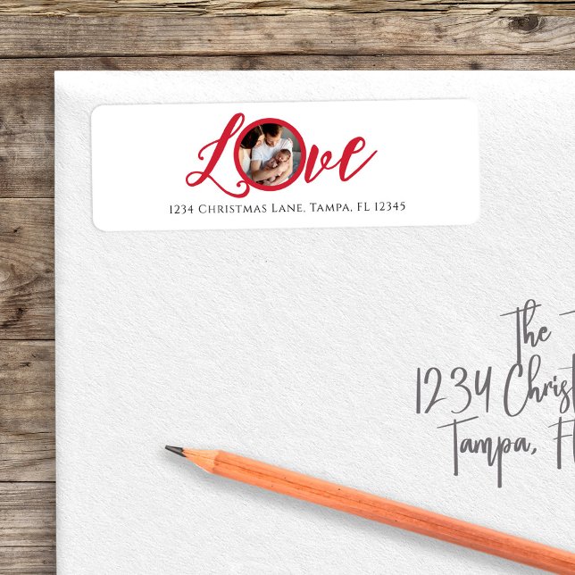 Red Calligraphy Script Photo Love  Label (Love photo typography template return address label)