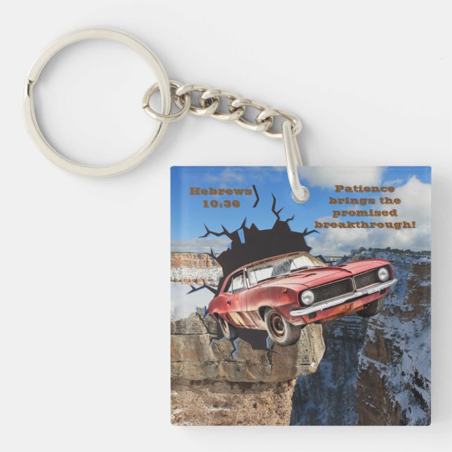 Red Camaro Mountain Cliff Christian Scripture  Keychain (Front)