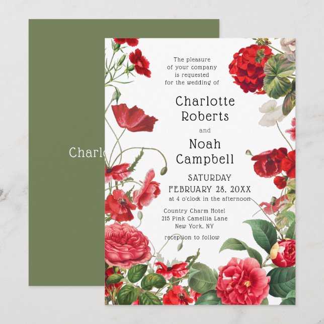 Red Camellia Country Flower Modern Floral Wedding Invitation (Front/Back)