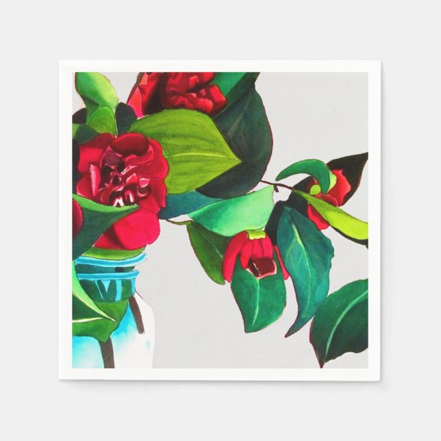 Red Camellia floral flower art homeware Napkins (Front)