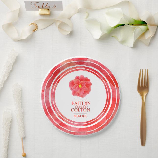 Red camellia floral wedding party plates (Wedding)