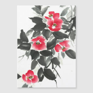 Red camellia sumie ink and watercolor painting