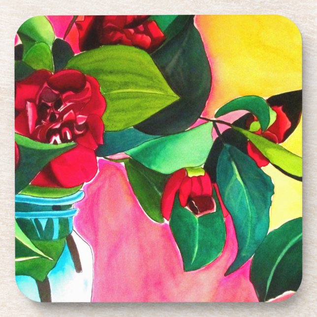 Red Camellias flower art Beverage Coaster (Front)