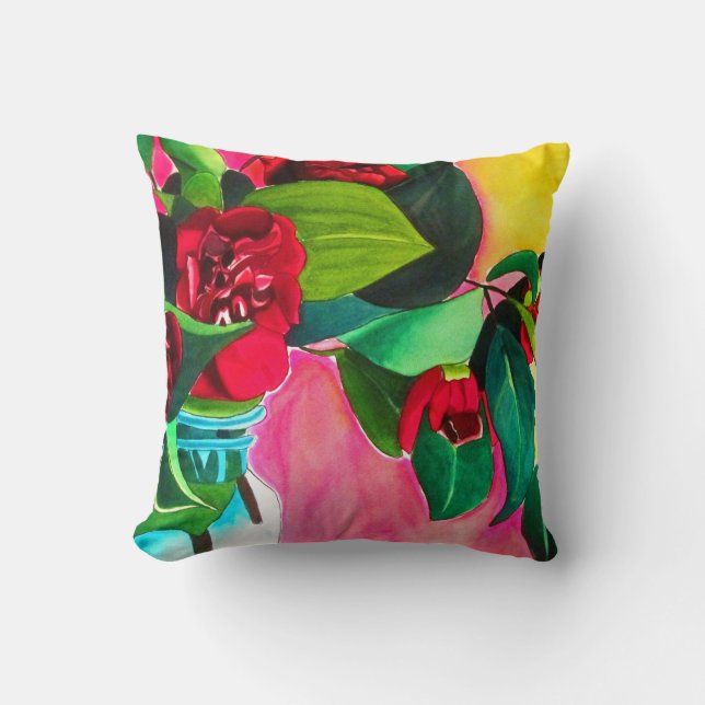 Red Camellias flower art Throw Pillow (Front)