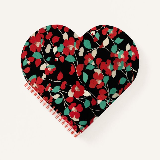 RED CAMELLIAS,WHITE GREEN LEAVES BLACK Dark Floral Notebook (Front)