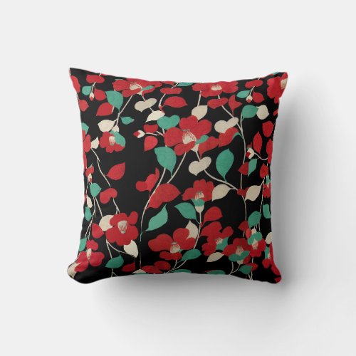 RED CAMELLIASWHITE GREEN LEAVES BLACK Dark Floral Throw Pillow