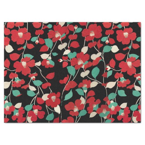 RED CAMELLIASWHITE GREEN LEAVES BLACK Dark Floral Tissue Paper