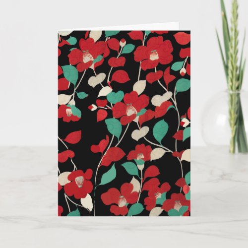 RED CAMELLIASWHITE GREEN LEAVES IN BLACK Floral Holiday Card