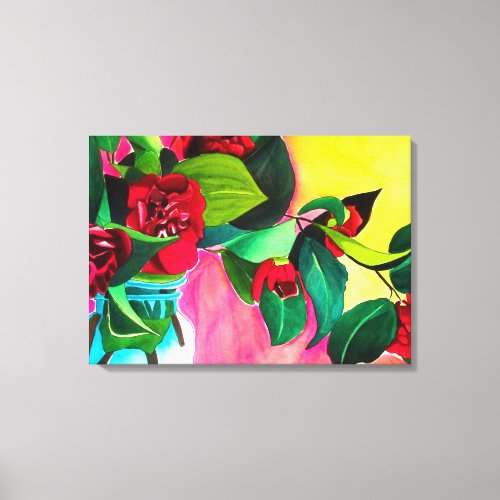 Red Camellias with green foliage watercolor flower Canvas Print