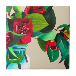 Red Camellias with green foliage watercolor flower Ceramic Tile