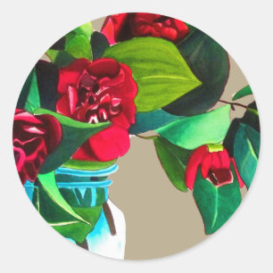 Red Camellias with green foliage watercolor flower Classic Round Sticker
