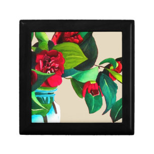 Red Camellias with green foliage watercolor flower Gift Box